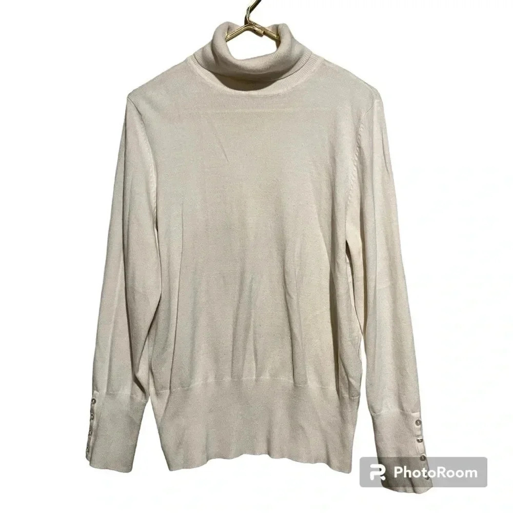 JM Collection Acrylic Blend Button Sleeve Turtleneck Sweater Cream Sz L